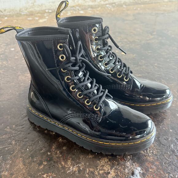 Dr Martens Boots Zavala Glossy Patent Leather Combat NWOT Unisex Womens 7 Mens 6 - Picture 1 of 7
